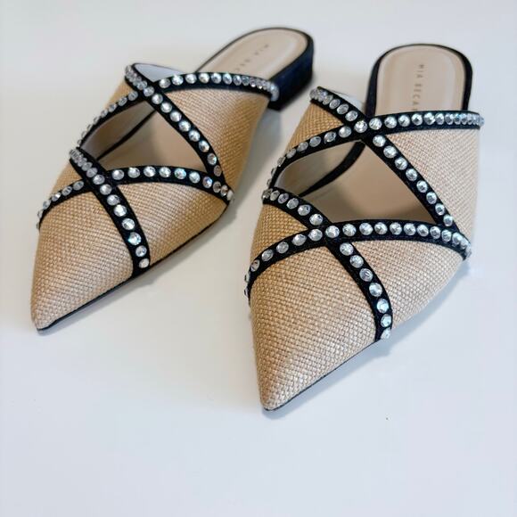 Mia Becar Ines Flat Mule EU 39 Italian Leather Raffia Crystals Slip On Feminine - Picture 3 of 16